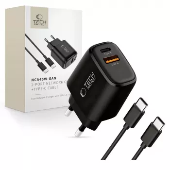TECH-PROTECT NCA45W-GAN caricabatterie da rete 2 porte PD 45W / QC3.0 + cavo USB-C nero