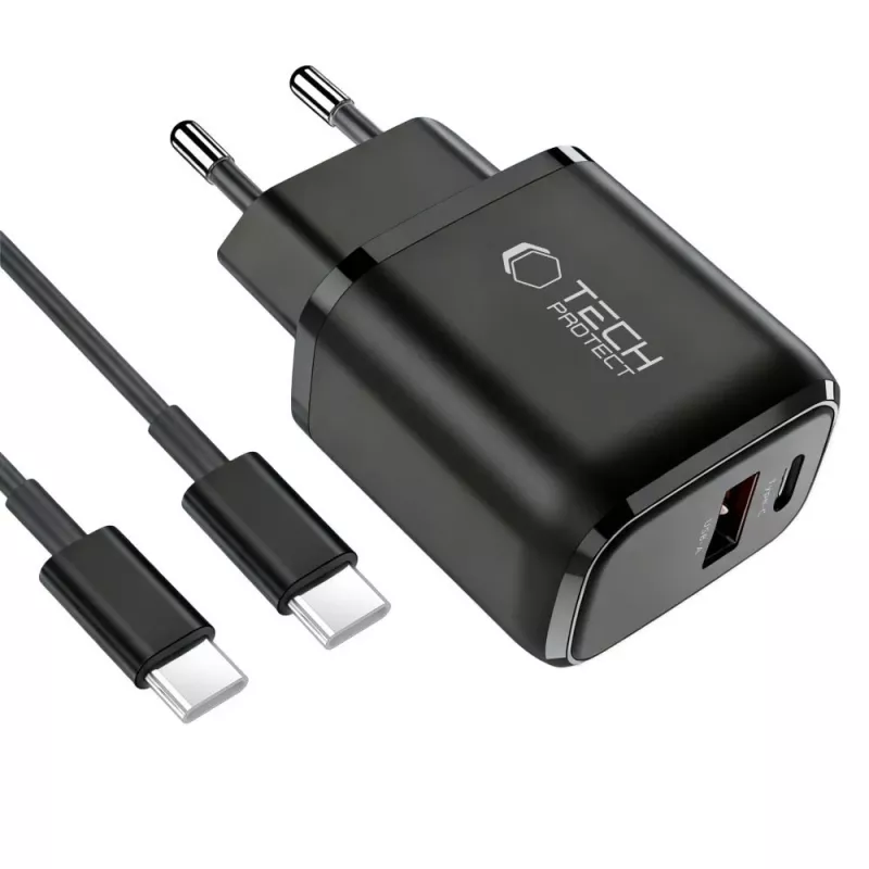 TECH-PROTECT NCA45W-GAN caricabatterie da rete 2 porte PD 45W / QC3.0 + cavo USB-C nero