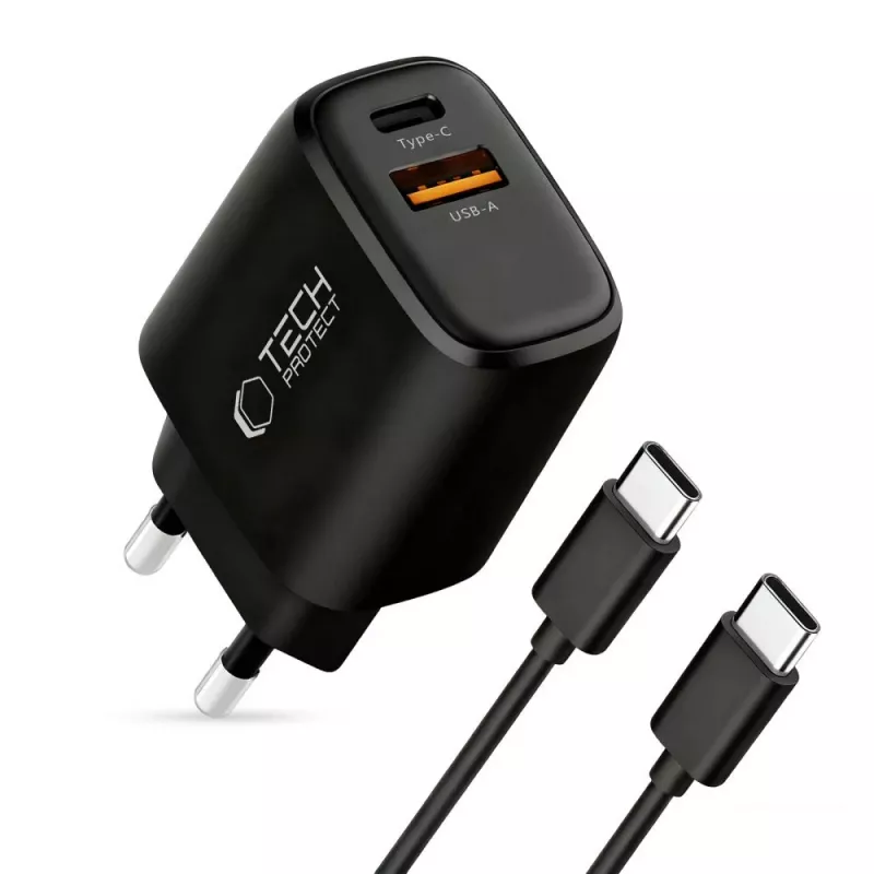 TECH-PROTECT NCA45W-GAN caricabatterie da rete 2 porte PD 45W / QC3.0 + cavo USB-C nero