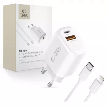 TECH-PROTECT NCA45W-GAN caricabatterie da rete 2 porte PD 45W / QC3.0 + cavo Lightning bianco