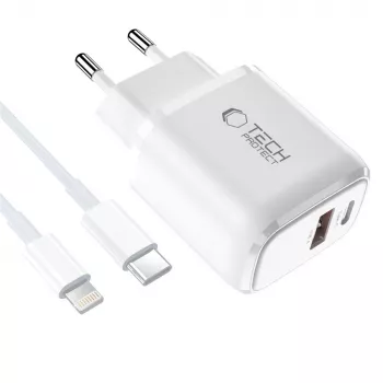 TECH-PROTECT NCA45W-GAN caricabatterie da rete 2 porte PD 45W / QC3.0 + cavo Lightning bianco