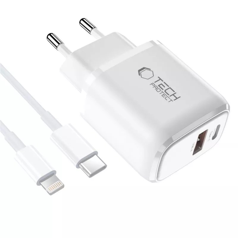 TECH-PROTECT NCA45W-GAN caricabatterie da rete 2 porte PD 45W / QC3.0 + cavo Lightning bianco