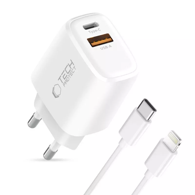 TECH-PROTECT NCA45W-GAN caricabatterie da rete 2 porte PD 45W / QC3.0 + cavo Lightning bianco