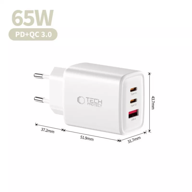 TECH-PROTECT NCA65W-GAN caricabatterie da rete 3 porte PD 65W / QC3.0 bianco