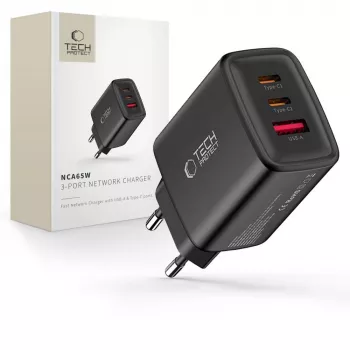 TECH-PROTECT NCA65W-GAN caricabatterie da rete 3 porte PD 65W / QC3.0 nero
