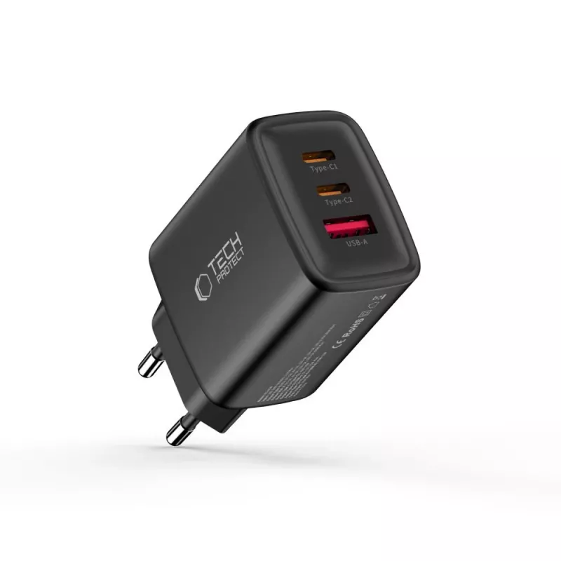 TECH-PROTECT NCA65W-GAN caricabatterie da rete 3 porte PD 65W / QC3.0 nero