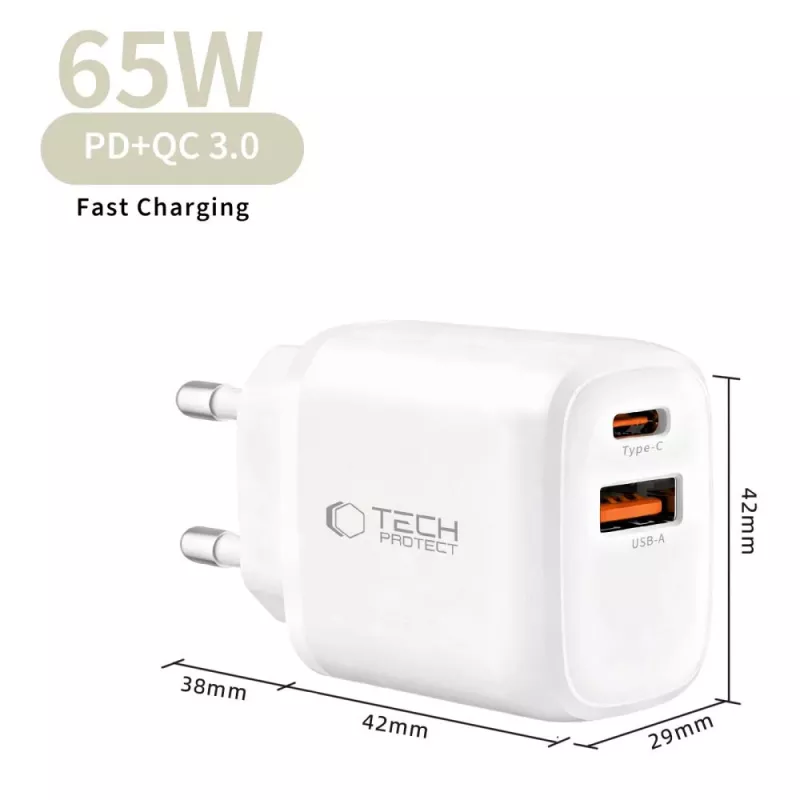 TECH-PROTECT NCA65W-GAN caricabatterie da rete 2 porte PD 65W / QC3.0 bianco