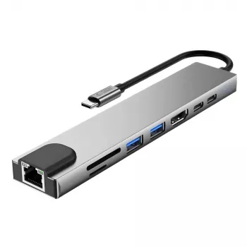 TECH-PROTECT HB09 adattatore hub 8-in-1 USB-C a USB-A 3.0, USB-C 3.0, HDMI 4K 60Hz, SD/TF, PD 100W, RJ45 Gigabit Ethernet, Space Grey