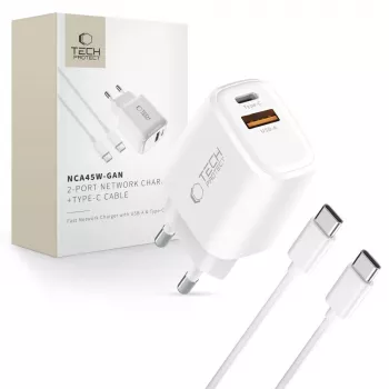 TECH-PROTECT NCA45W-GAN caricabatterie da rete 2 porte PD 45W / QC3.0 + cavo USB-C bianco