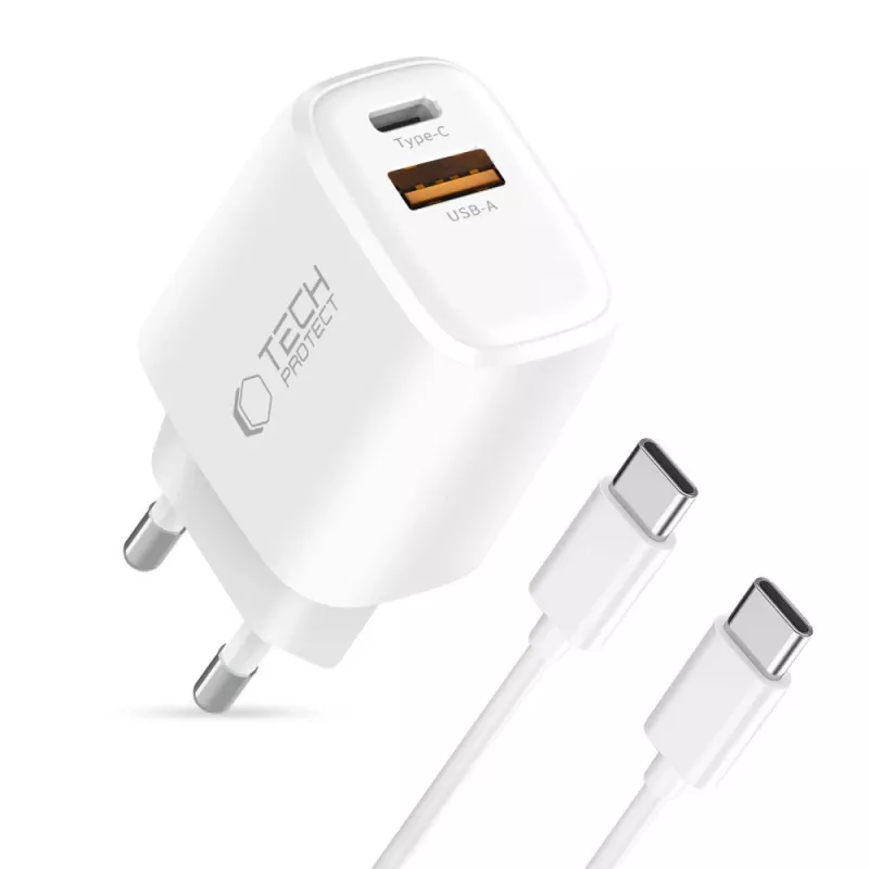 TECH-PROTECT NCA45W-GAN caricabatterie da rete 2 porte PD 45W / QC3.0 + cavo USB-C bianco