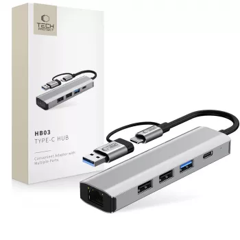 TECH-PROTECT HB03 adattatore hub 5in1 Type-C + USB 2.0 + USB 3.0 + RJ45 grigio siderale