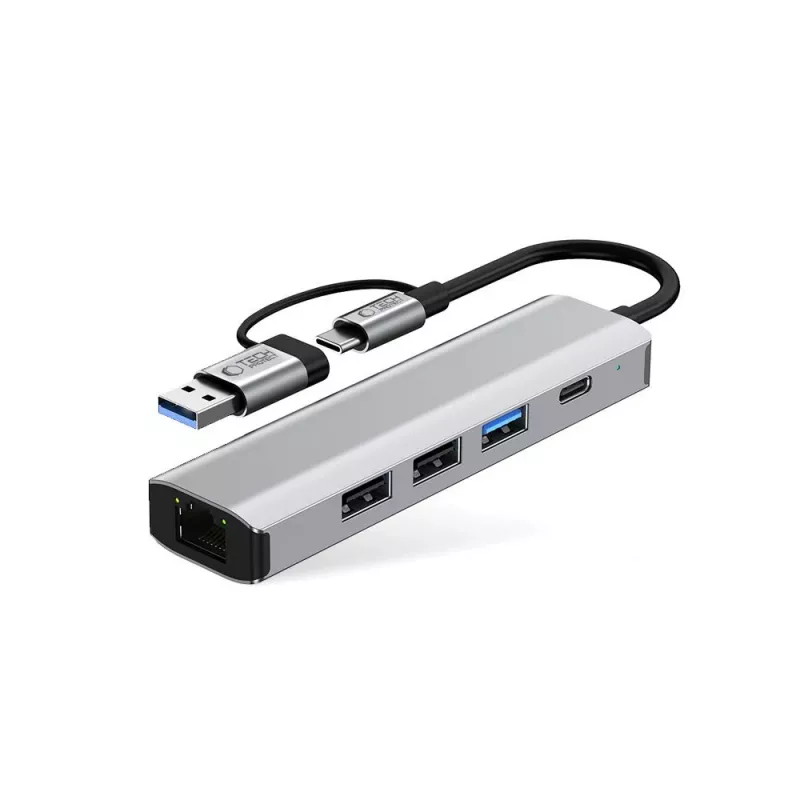 TECH-PROTECT HB03 adattatore hub 5in1 Type-C + USB 2.0 + USB 3.0 + RJ45 grigio siderale