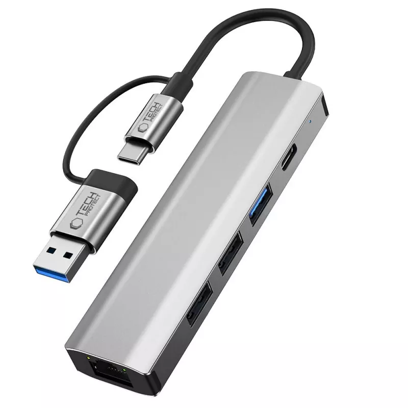 TECH-PROTECT HB03 adattatore hub 5in1 Type-C + USB 2.0 + USB 3.0 + RJ45 grigio siderale