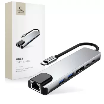 TECH-PROTECT HB02 adattatore HUB 6-in-1 USB-C + USB 2.0 + USB 3.0 + HDMI 4K 30Hz + RJ45 + PD 100W grigio siderale