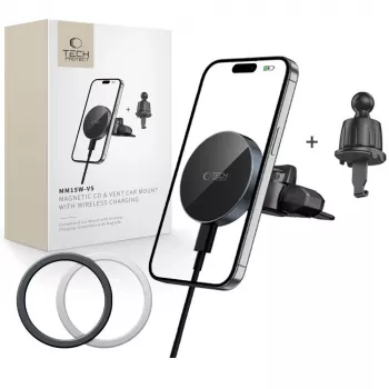 TECH-PROTECT MM15W-V5 supporto auto magnetico MagSafe per lettore CD e bocchetta d'aria, caricabatterie wireless 15W nero
