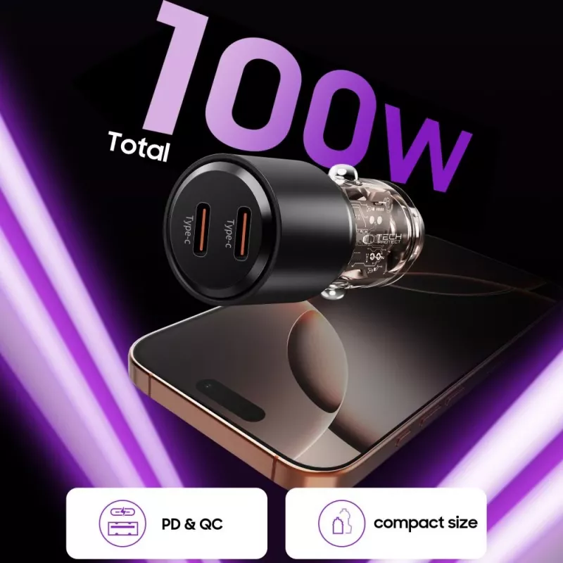 TECH-PROTECT CC03 caricabatterie auto 2 porte PD 100W nero