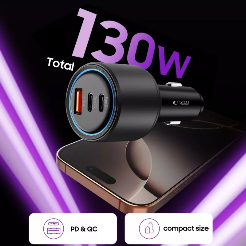 TECH-PROTECT CC04 caricabatterie auto 3 porte PD 130W nero