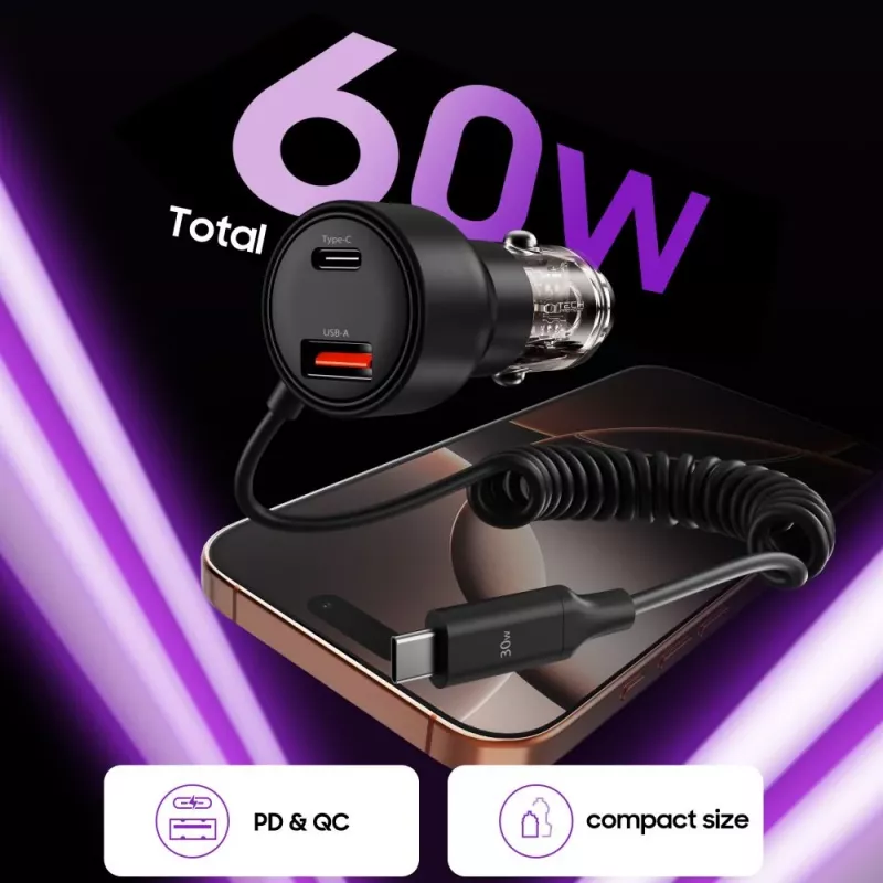 TECH-PROTECT CC05 caricabatterie auto 2 porte PD 60W + cavo nero
