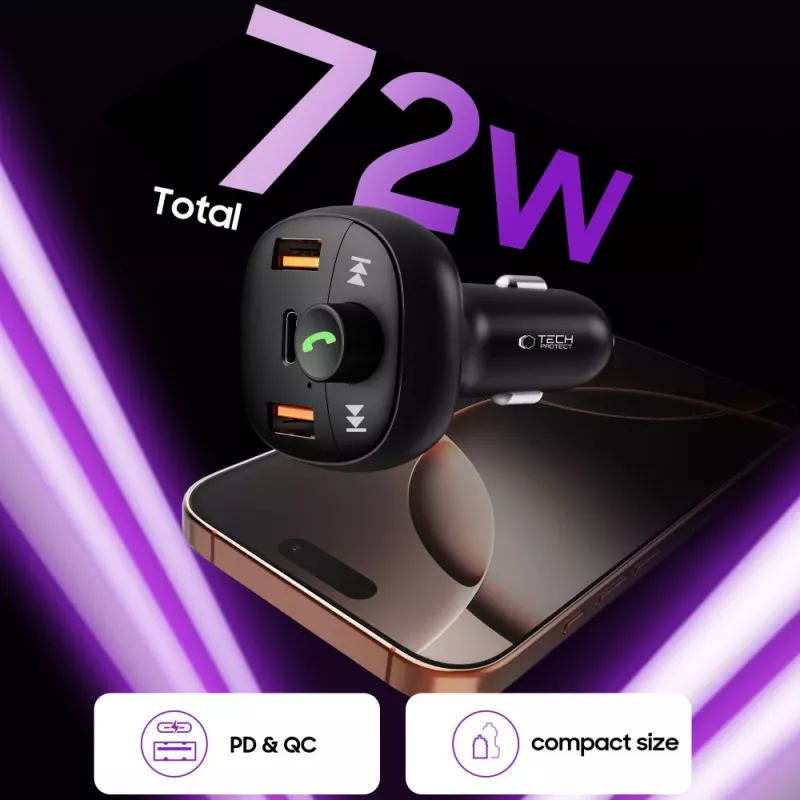 TECH-PROTECT CC06 caricabatterie auto 3 porte PD 72W + trasmettitore FM Bluetooth nero