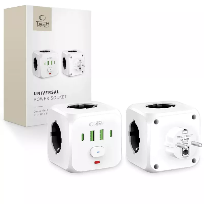 TECH-PROTECT PCL3X4 Ciabatta 3 prese Schuko 2 USB-A 2 USB-C 2m bianca