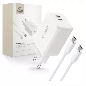 TECH-PROTECT NC45W-GAN Caricatore da rete 2 porte PD 45W + cavo USB-C bianco