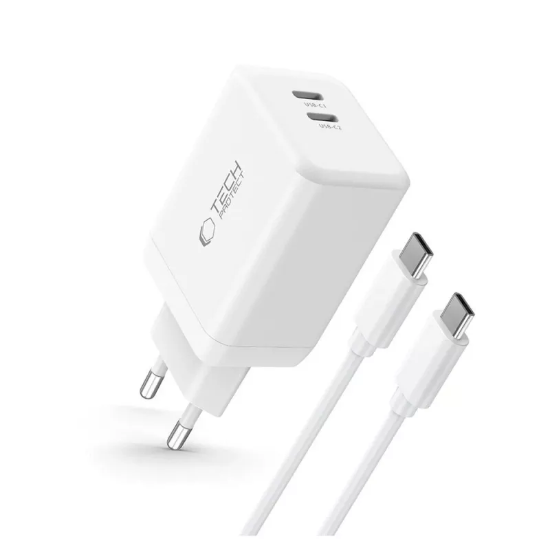 TECH-PROTECT NC45W-GAN Caricatore da rete 2 porte PD 45W + cavo USB-C bianco