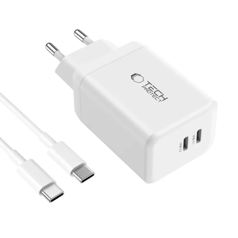 TECH-PROTECT NC45W-GAN Caricatore da rete 2 porte PD 45W + cavo USB-C bianco