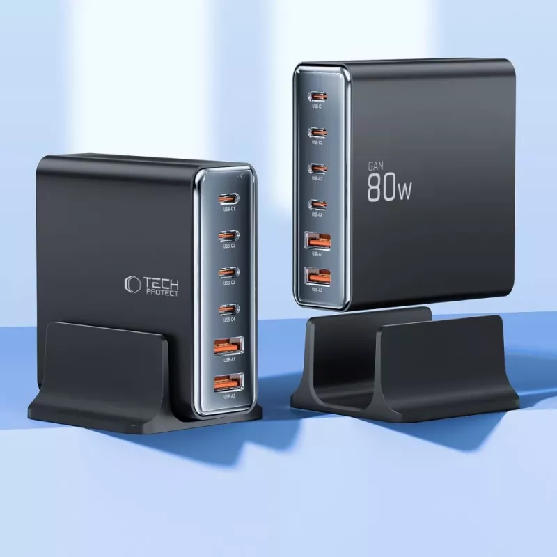 Tech-Protect DC80W-GAN caricabatterie GaN 80W USB-C 6-PORT nero