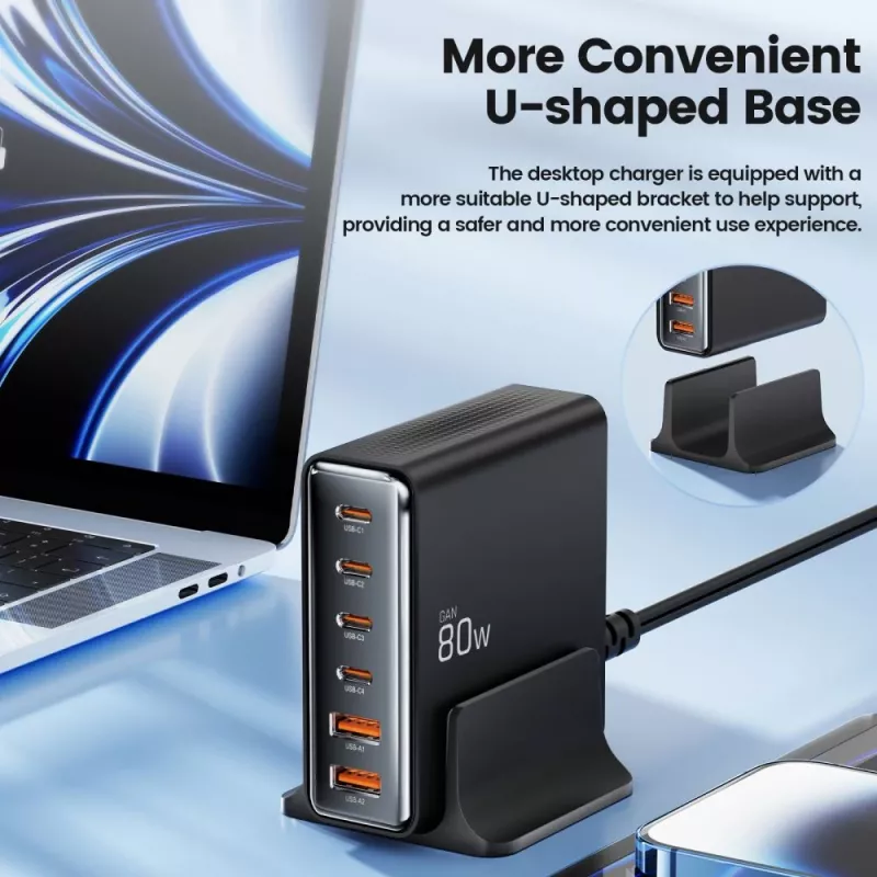 Tech-Protect DC80W-GAN caricabatterie GaN 80W USB-C 6-PORT nero