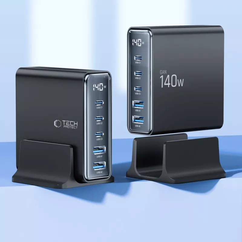 TECH-PROTECT DC140W-GAN Caricatore da tavolo 5 porte PD 140W / QC3.0 nero