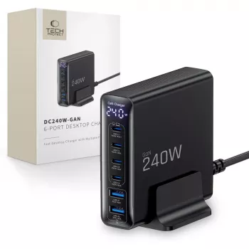 TECH-PROTECT DC240W-GAN caricabatterie da tavolo 6 porte PD 240W / QC3.0 nero