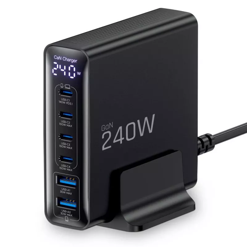 TECH-PROTECT DC240W-GAN caricabatterie da tavolo 6 porte PD 240W / QC3.0 nero