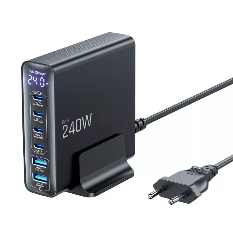 TECH-PROTECT DC240W-GAN caricabatterie da tavolo 6 porte PD 240W / QC3.0 nero