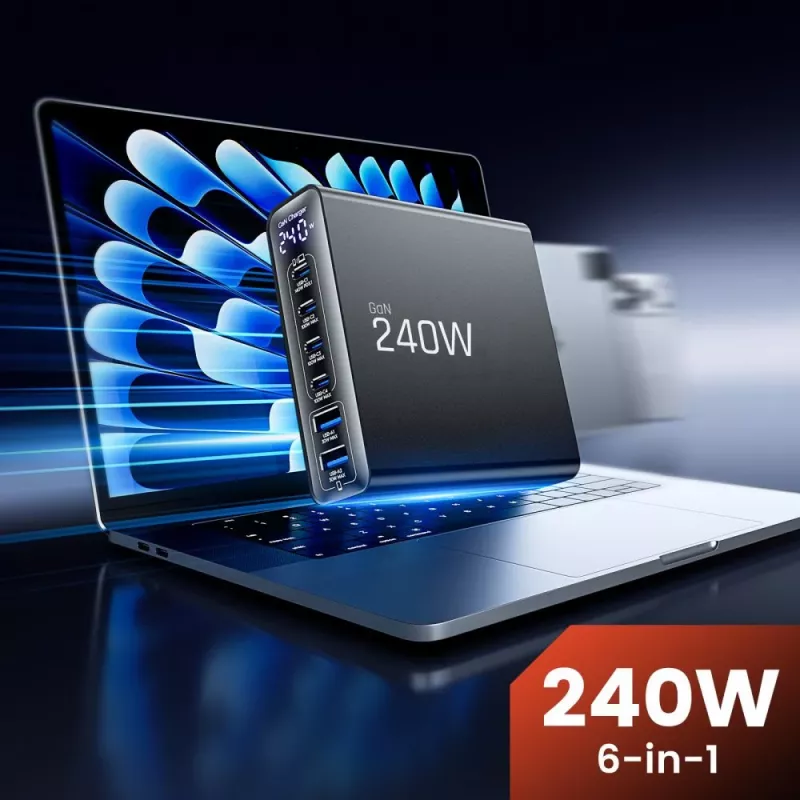 TECH-PROTECT DC240W-GAN caricabatterie da tavolo 6 porte PD 240W / QC3.0 nero
