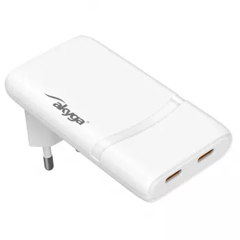 Akyga AK-CH-32 caricabatterie USB-C GaN piatto 65 W, 2 x USB-C PD, bianco