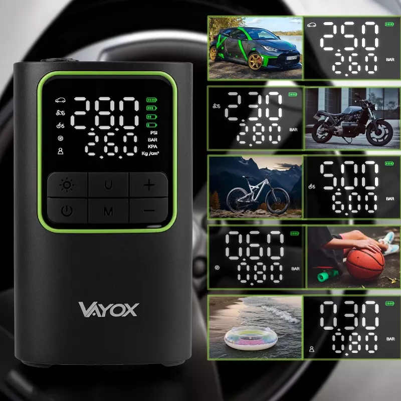 VAYOX VA0409 pompa ad aria ricaricabile 4000mAh cilindro 19mm gonfiatore digitale per pneumatici