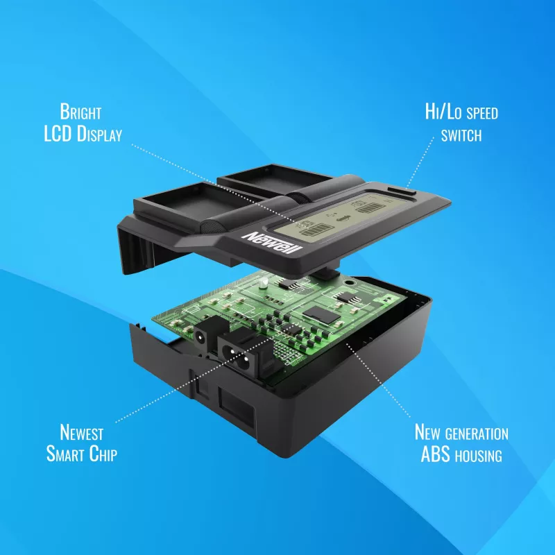 Caricabatterie Newell DC-LCD a doppio canale per batterie Panasonic DMW-BLK22