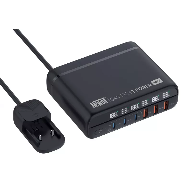 Caricabatterie da rete Newell GaN Tech T-Power 140 W con set di adattatori