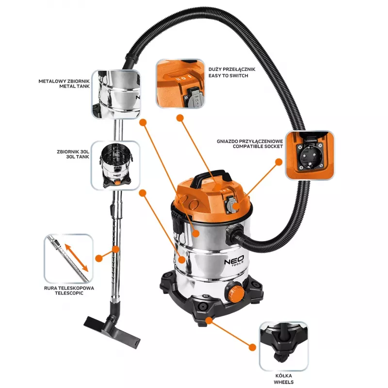 NEO TOOLS Aspirapolvere 1400W, 30L