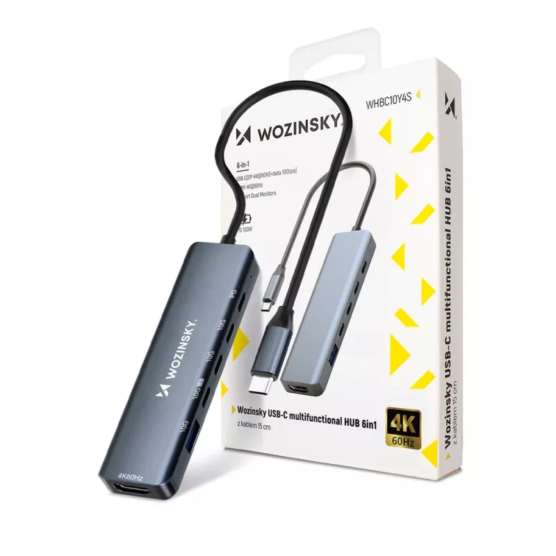 WOZINSKY WHBC10Y4S Hub USB-C 6-in-1 multifunzione in alluminio con cavo da 15 cm - Grigio