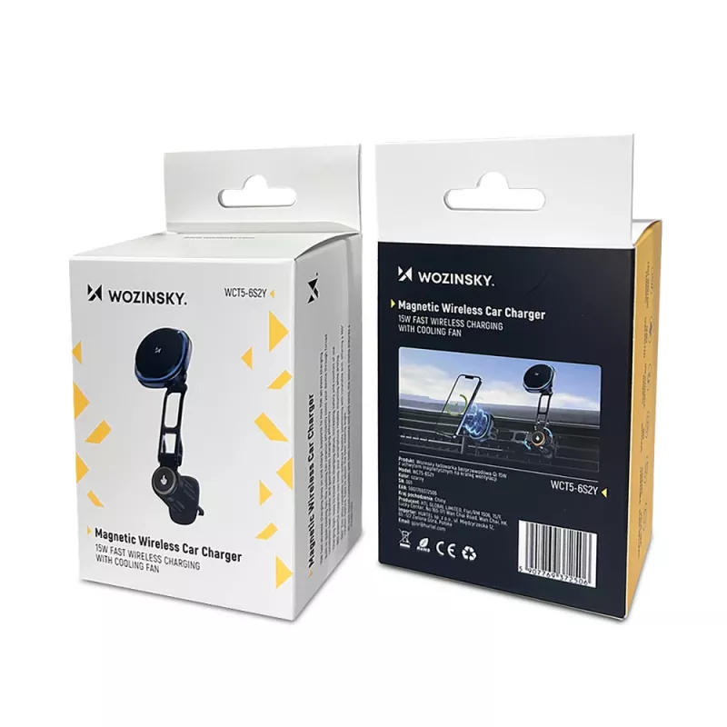 Wozinsky WCT5-6S2Y Supporto da auto con caricatore wireless Qi/MagSafe 15W e ventola per bocchette d'aria - Nero