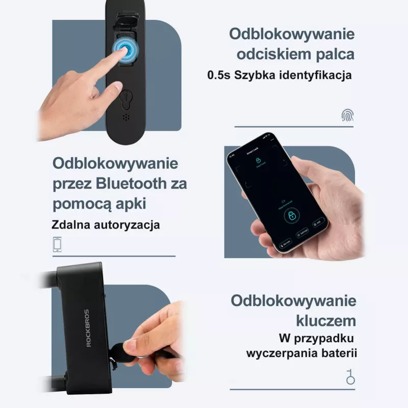 Rockbros SMART Lucchetto a combinazione per bicicletta con impronta digitale e Bluetooth 100 cm nero
