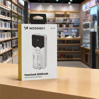 Powerbank Wozinsky WFC-15W 20000mAh 22,5W PD20W con cavi Lightning e USB-C integrati - bianco