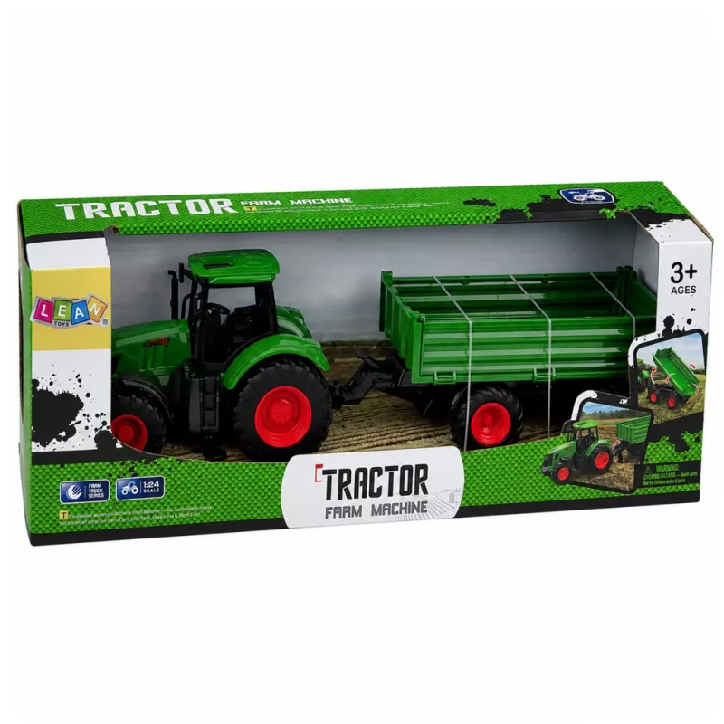 LEAN TOYS Trattore agricolo con rimorchio ribaltabile, ruote in gomma, verde, 1:24