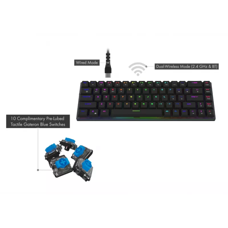 AQIRYS Agena Tastiera meccanica wireless 65% low-profile, switch Gateron Red, nera