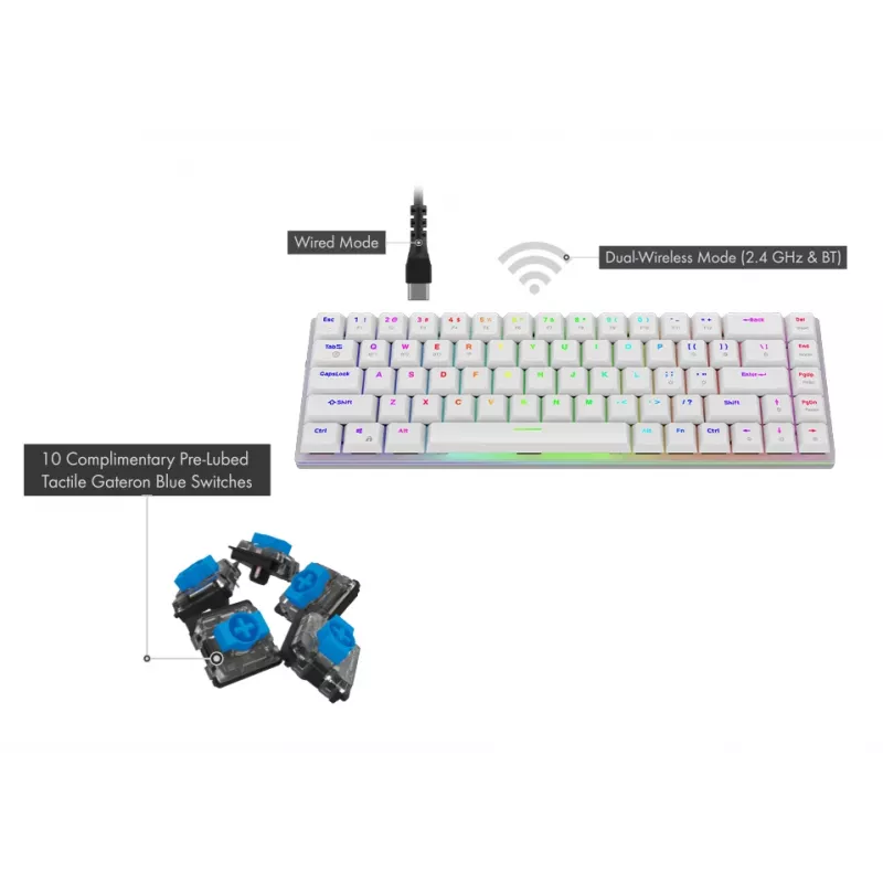 AQIRYS Agena Tastiera meccanica wireless 65% low-profile, switch Gateron Red, bianca