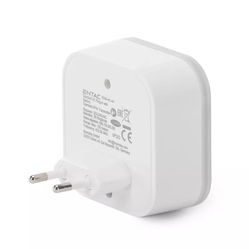 ENTAC Campanello Senza Fili Trasmettitore con Spina AC IP44 con 1x Batteria CR2032