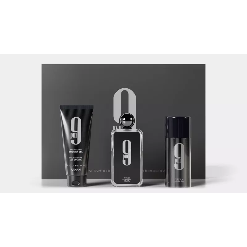 Afnan 9 PM Eau de Parfum Set regalo per uomo - 100ml EDP Spray + 150ml docciaschiuma + 250ml deodorante spray