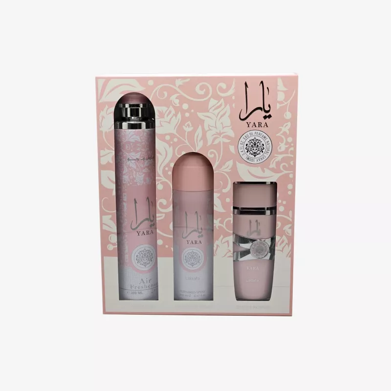 Lattafa Yara Eau de Parfum 100ml + Deodorant Spray 200ml + Air Freshener 300ml set regalo