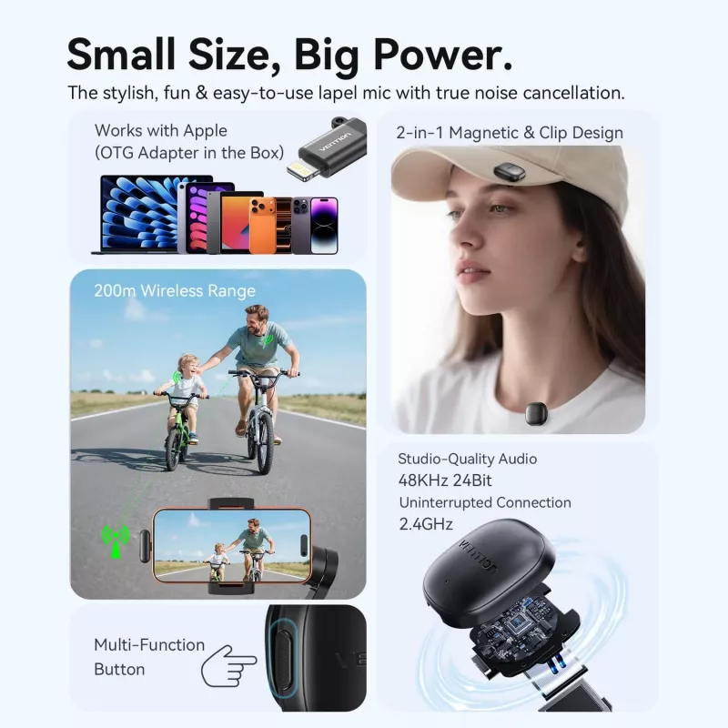 VENTION NCDB0 microfono wireless clip-on con ENC e ANC, portata 200m